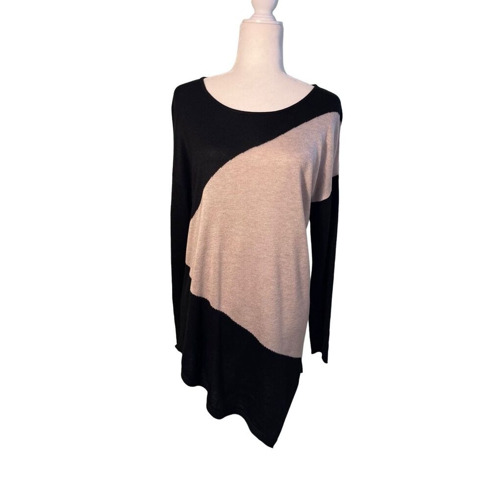 joan vass black and tan color block asymmetrical knit sweater - M